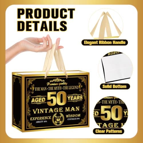 Vintage 50th Birthday Gift Bag for Men with 50th Wrapping Paper and Card Black Gold 1976 Birthday Gift Wrap Treat Bags for Vintage Men Aged 50 Years Old Bday Anniversary Party Supplies Decorations
