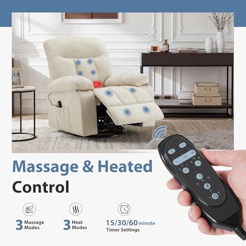 Recliner Chair, Durable & Tear-Resistant Massage Chair with Heating, Premium Chenille Fabric Massage Recliner Supports up to 380 LBS for Living Room, Bedroom, Beige