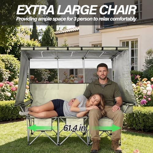 BDL 3 Person Camping Chair with Canopy Shade, Oversized Heavy Duty Camping Chair with Cup Holders & Ice Bag Portable Family Folding Chair for Outdoor, Lawn & Sports,White