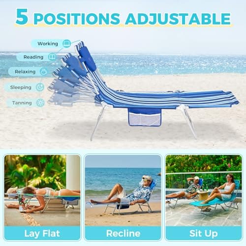 #WEJOY Folding Tanning Chair with Face Hole, 5 Positions Face Down Beach Lounge Chairs with Pillow for Outside Sunbathing Poolside (Blue/White)
