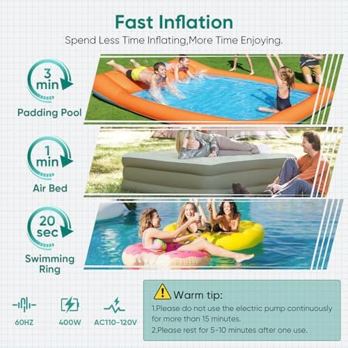 Electric Air Pump for Inflatable Pool Toys - High Power Quick-Fill Air Mattress Inflator Deflator Pump for Pool Float Raft Gymnastics Track Mat, Portable Air Pump 4 Nozzles AC 110-120V (400W)