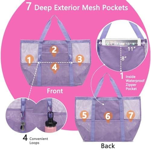 Fammart Mesh Beach Bag with Zipper, Large Beach Tote for Women, Toys Pool Swim Bag Travel Vacation Cruise Essentials