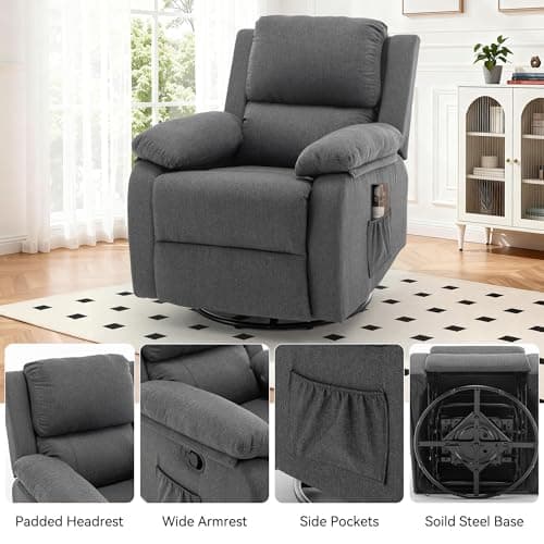 Korser Recliner Chair, 360 Swivel Rocker Chair for Adults, Small Rocking Recliner for Small Spaces, Upholstered Fabric Glider Recliner Nursery