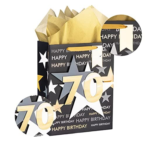 Loveinside Birthday Gift Bag with Tissue Paper and Greeting Card for 70 Birthday - 10" x 5" x 13", 1 Pcs, Black Gold