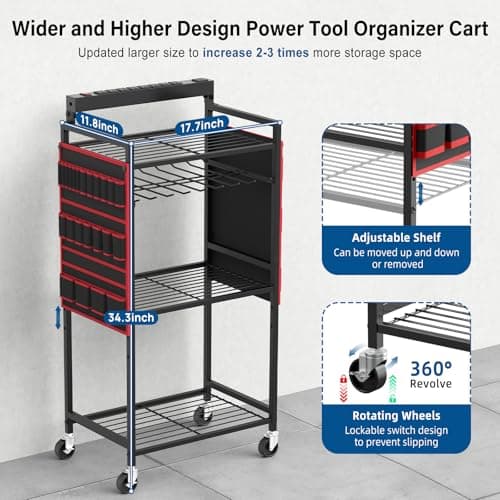 Floor Rolling, Large Tools Storage Cart on Wheels, Heavy Duty Drill Battery Station, Utility Rack Shelf for Garage Workshop JUNNUJ Power Tool Charging Organizer Cart, 8 Outlet 3 USB, 6 FT Cord, Red B0F378R323