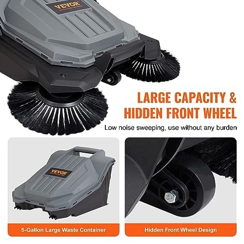 VEVOR Walk-Behind Hand Push Floor Sweeper, 25.6" Sweeping Width Floor Sweeper Manual Non-Electric, 5-Gallon Waste Container, Angle & Height Adjustable Folding Handle for Walkway, Yard, Garage, Patio