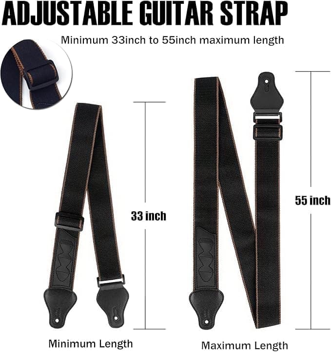 ROTOPATA Acoustic Guitar Strap with Pick Holders, Adjustable Leather Straps with 2 Buttons 2 Locks 3 Guitar Picks, Guitar Accessories for Electric Bass Ukulele, Black