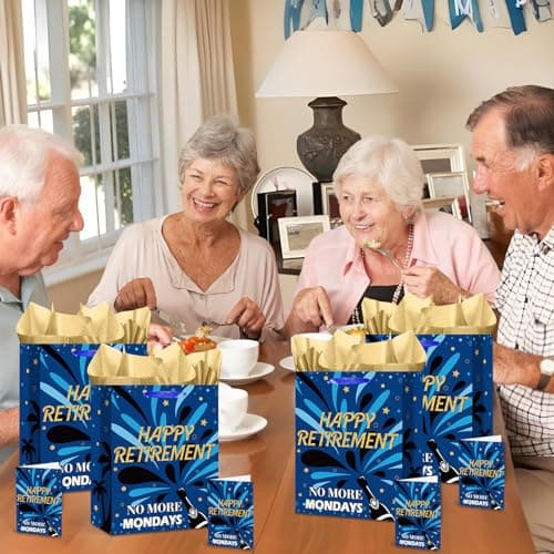 Yomaiha Blue Retirement Gift Bag with Tissue Paper and Greeting Card Retirement Wrapping Paper Bag for Men Women 2026 Retired Gift Wrapping Bag for Coworker Farewell Going Away Party Retired Supplies