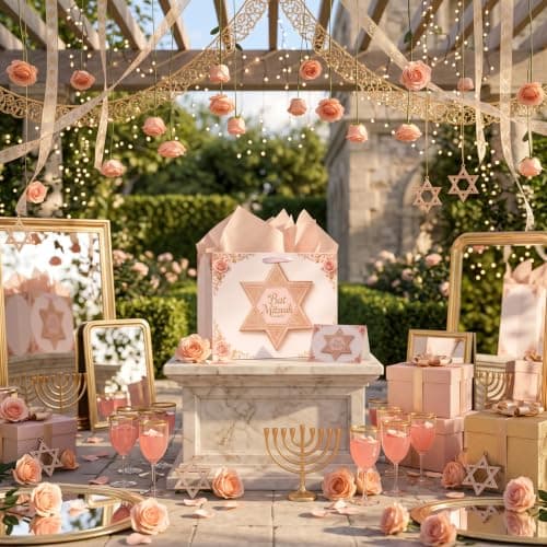 Bat Mitzvah Gift Bag Set Pink Rose Gold Star of David Paper Wrapping Bag with Ribbon Handles Tissue Paper Greeting Card All In One for Jewish Coming of Age Party Favor Celebration Decoration Supplies B0H5QYF944