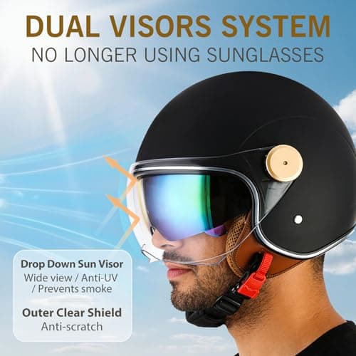 Retro Bluetooth 3/4 Open Face Motorcycle Half Helmet for Men Women - Dual Visors DOT Approved Lightweight Vintage Motorbike Helmet for Scooter Moped ATV Street Dirt Bike Commuting