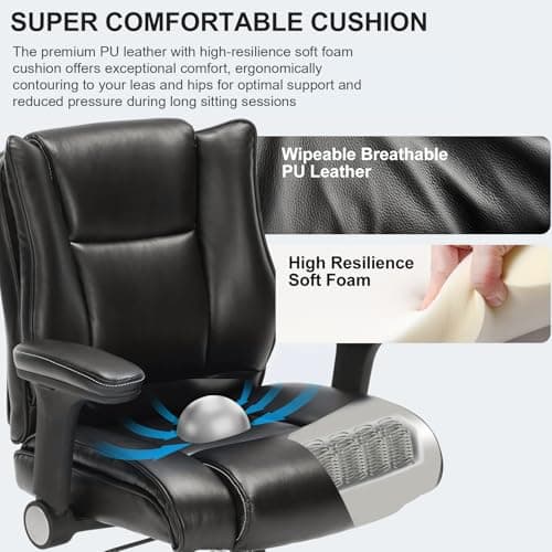 Office Drafting Chair, Tall Desk Chair with Adjustable Armrests and Footrest Ring PU Leather Standing Desk Chair with Extra Thicken Seat Cushion, Comfy High Office Chair for Counter Height Desk, Black