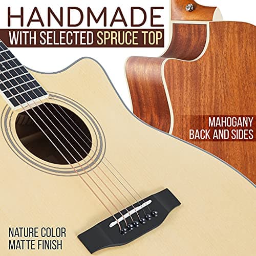 Pyle Premium Electric Acoustic Guitar Kit, 41" Full Size Dreadnought Cutaway with Spruce Top, Mahogany Sides, Gig Bag, Strap, Pickguard, Picks, Extra Steel String Set for Beginners, Advanced, Natural
