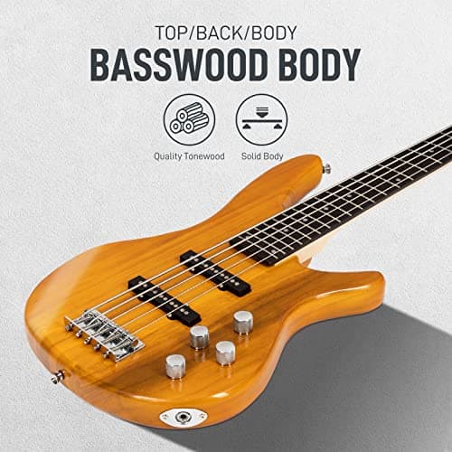 Ktaxon 5 String Electric Bass Guitar, Full Size Standard Right Handed Rosewood Fretboard Bass Kit with Gig Bag Strap Cable Wrench Tool (Yellow)