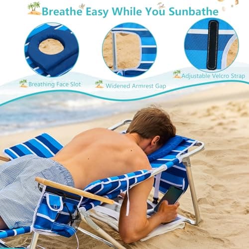 Oversized Beach Chair for Adults,5 Position Adjustable Tanning Chair with Sun Canopy,Folding Reclining Lounge Chir with Face Holes,Backpack Portable for Patio Pool Camping (Blue-White,Medium)