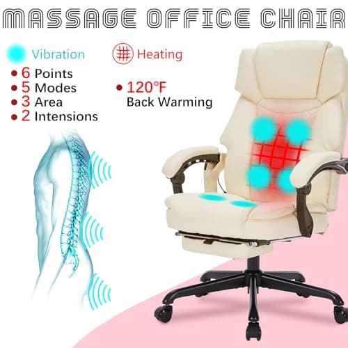 Massage Office Chair with Foot Rest 6 Points Vibration and Heat Home Office Desk Chairs for Heavy People 400lbs Reclining Managerial Chairs Ergonomic Executive Chair (Cream)