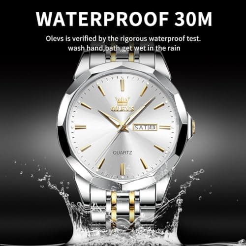 OLEVS Watch for Men Diamond Business Dress Analog Quartz Stainless Steel Waterproof Luminous Date Two Tone Luxury Casual Wrist Watch Blue