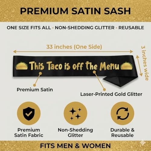 Decorations for Her or Him | Bridal Shower Favors | Hen Do | Accessories | One Size Fits All | Non-Shedding | Photo Prop Bachelorette Party Sash Funny Naughty Bride Satin Glitter Black and Gold B0FDVM2HKB