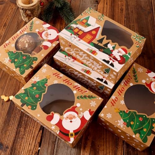 24 Pack Christmas Cookie Boxes - 8.25"x6"x2.75" Brown Kraft Bakery Box with Window for Holiday Treats, Gift Exchange Box for Baked Goods, Cookie Tins with Lids for Gift Giving