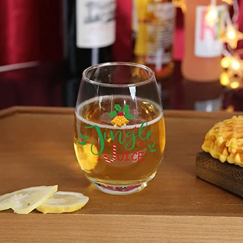 Jogskeor Jingle Juice Christmas Wine Glass, 15 Oz Christmas Stemless Wine Glass for Friends Women Men, New Year Gift Idea for Christmas Wedding Party