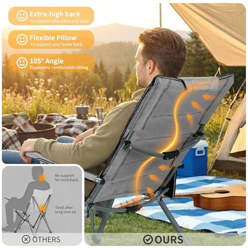 Folding Camping Chair with Cup Holder and Storage Bag, Heavy Duty Support 400 LBS, Oversized Collapsible Portable Adjustable Back Support Camping Chair for Outdoor Lawn Patio Balcony