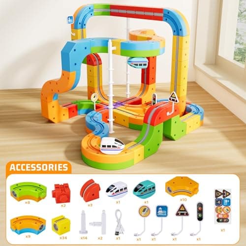 KlickRail Electric Train Set Flexible Race Track for 3 4 5 6 7 8 years old boys and girls, Building Toy Train Track Gravity-Defying 3D Embedded Layouts & Motorized Car, STEM Gift(Deluxe Set(88 Piece))