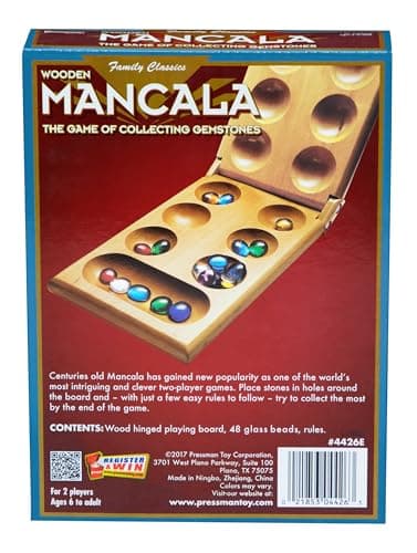 Pressman Mancala Board Game | Fun Classic Table for Adults & Kids | Includes 48 Glass Mancala Stones and Wood Hinged Playing Board | 2 Players, Ages 6+
