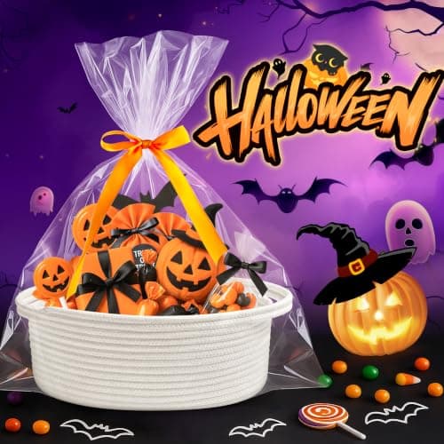 Pro Goleem Small Woven Basket with Gift Bags and Ribbons Durable Baskets for Halloween Gifts Empty Small Rope Basket for Storage 12"X 8" X 5" Baby Toy Baskets with Handles, White