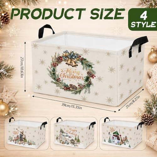 4 Pcs Christmas Storage Basket for Gifts Empty Large Christmas Storage Bins 15 x 10 x 8 Fabric Laundry Baskets with Handle Xmas Collapsible Organizer Boxes for Home Office Gifts Toys Books B0H4M5V4NG