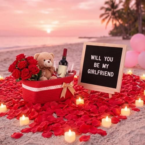 Basket Set with Letter Board, 1000 Rose Petal, 12 Heart LED Light, Romantic Gift Girlfriend Asking Anniversary Surprise Decor Ceenna Will You Be My Girlfriend Proposal Kit, Red, Cute