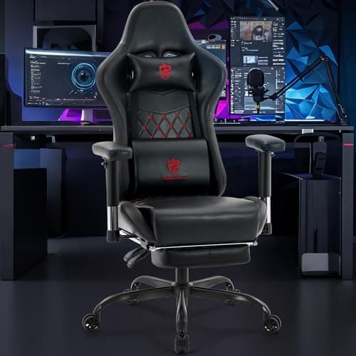 Gaming Chair,Computer Office Chair with Footrest,Massage Lumbar Support and Gel Pad,Ergonomic Reclining Leather Gamer Chair with Headrest,Adjustable Armrests and Spring Cushion Black Red