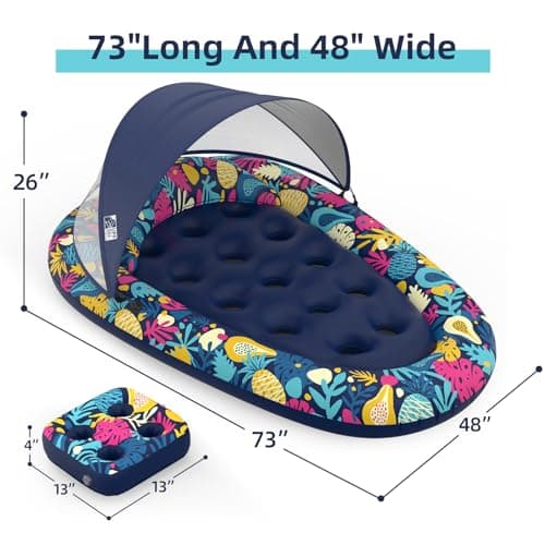 Sunikko X 3-in-1 Pool Floats with Canopy Cup Holder, Tanning Pool Large 73" x 48" Float Adult Heavy Duty, Inflatable Lounger Raft Floating Chair with Backrest, Swimming Pool Lake Beach Party