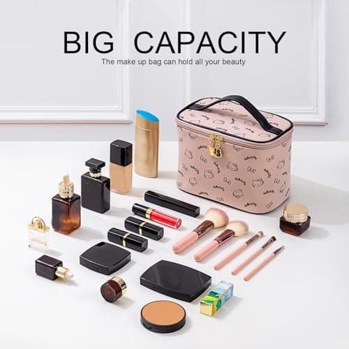 AmBealla Make up Bag Large Travel Cosmetic Bags Organizer with Brush Holder for Girl, Lightweight Cotton Toiletry Bag with Zipper for Women, Portable Makeup Case for Airplane/Home/Gym - Pink