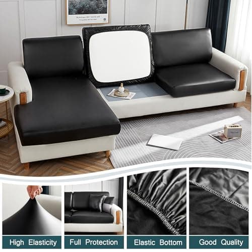 CLGTY Waterproof Couch Cushion Covers for Sofa, PU Leather L-Shaped Seat Cushion Cover Individual Separate Sectional Sofa Slipcovers Form Fitted for Cat Dog-Black-Chaise seat