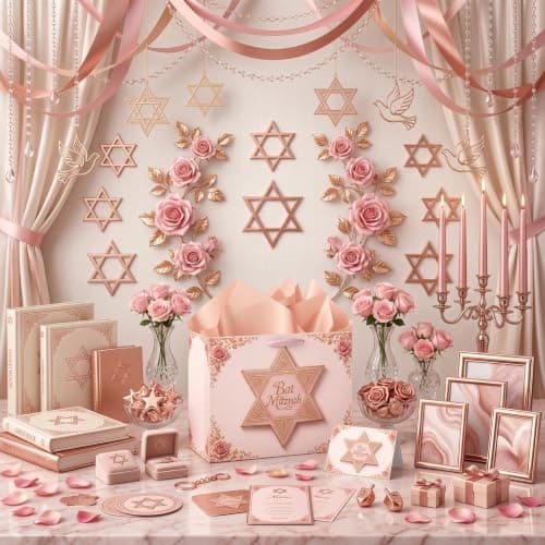 Bat Mitzvah Gift Bag Set Pink Rose Gold Star of David Paper Wrapping Bag with Ribbon Handles Tissue Paper Greeting Card All In One for Jewish Coming of Age Party Favor Celebration Decoration Supplies B0H5QYF944