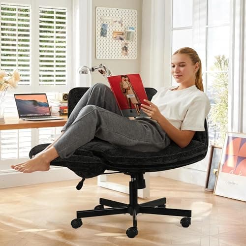 Criss Cross Chair with Wheels & Arms, Chenille Cross Legged Office Chair with 5-level Folding Armrest, Comfortable Adjustable Swivel Vanity Chair for Home, Make Up, Bed Room, Office, Accent (Black).
