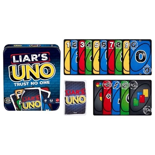 Mattel Games Liar’s UNO Card Game in Travel & Storage Tin for Adults, Kids, Families, Parties & Game Nights, Outwit Other Players with Bluffing & Trickery (Amazon Exclusive)
