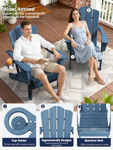 KINGYES Folding Adirondack Chair Set of 2, HDPE All-Weather Patio Chairs with Cup Holder, Wooden Textured Fire Pit Chairs Recliner for Poolside, Backyard, Deck, Navy