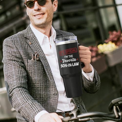 Lifecapido Son in Law Gifts, Favorite SON-IN-LAW 40oz Tumbler with Handle, Birthday Fathers Day Christmas Engagement Wedding Gifts for Son in Law from Mom in Law Dad in Law, Black