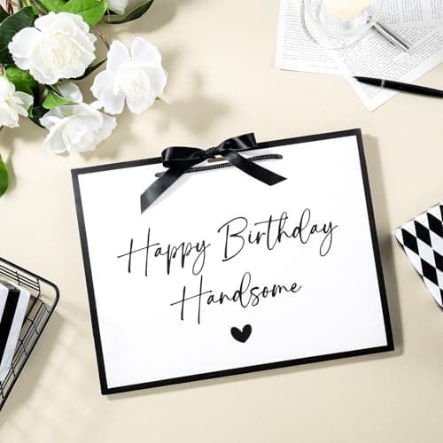 Loveinside 13" Large Birthday Gift Bag, White & Black Happy Birthday Handsome Elegant Script Design Party Bag with Bow Ribbon for Men, Husband, Boyfriend, Party Gift, 13" x 5" x 10", 1 Pcs B0GGZD2DT9