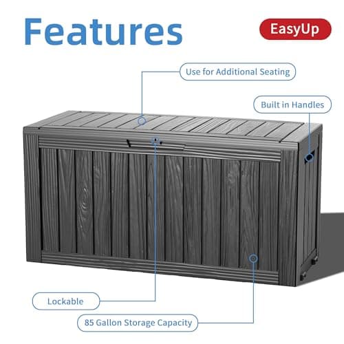 EasyUp 85 Gallon Outdoor Storage Box, Resin Waterproof UV-Resistant Deck Box, Reinforced Stability for Patio, Garden, and Poolside, Striped Black