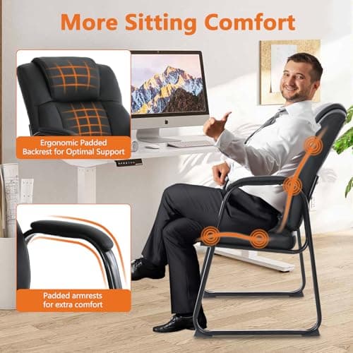 CLATINA Big and Tall Office Chair 500lbs Leather Reception Chair with Bonded Padded Armrest Wide Seat Sled Base Desk Chair No Wheels for Reception Conference Waiting Room Side Office Home, Black