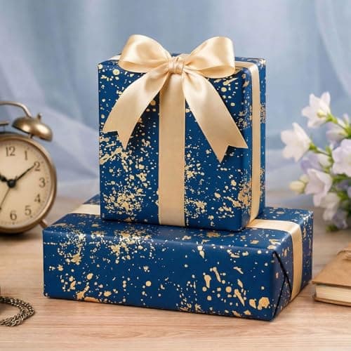 MAYPLUSS Navy Blue Wrapping Paper Roll, Reversible Gold gift Wrap with 3D Snowflake for Mens Boys Birthday Gift Wrap Graduation Fathers Day Anniversary Engagement 17 Inch x 16.5 Feet B0GHYHRJNY
