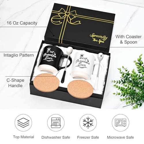 Cabtnca Gifts for Grandparents, Best Grandma and Grandpa Ever Mug Set, Christmas Grandparents Gifts for Grandma Grandpa from Granddaughter Grandkids, Grandparent Day Gift, 16 Oz Black & White