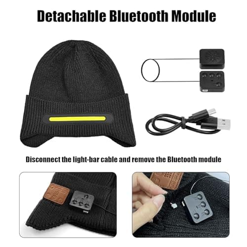 Bluetooth Beanie with Light, Headlamp Hat with Headphones and Built-in Speaker Mic, Unique Christmas Gifts for Men Husband
