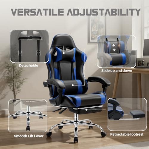 DUMOS Ergonomic Gaming Office Desk Chair with Linkage Armrests for Adults, Height Adjustable Computer Chair with Footrest and Headrest, PU Leather 360° Swivel Recliner with Lumbar Support, Deep Blue