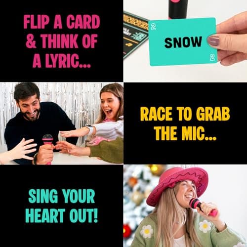 Lucky Egg Official Grab The Mic – Family Karaoke Board Game w/Foam Mic, 8+ Ages, 2-10 Players - Games for Bad Singers w/ 230 Lyrics (115 Cards)