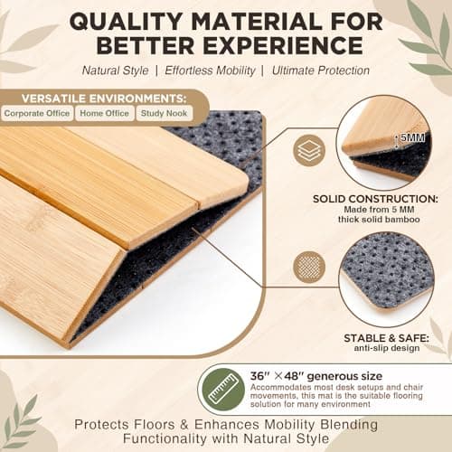 Leinuosen 36" x 48" Office Bamboo Chairmat for Carpet Floor Mat Highly Premium Quality Anti-Slip Office & Home Floor Protector Low Pile Carpet Chair Mat, 5mm Thick(Without Lip,Wood)