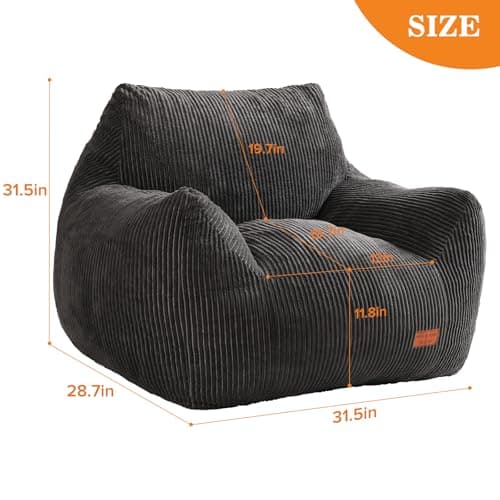 Big Bean Bag Chair for Adults, Ultra Soft Living Room Bean Bag with Armrests, Stuffed BeanBag Chair for Napping, Gaming, Vacuum-Compressed for Easy Gifting, 48 Hours to Fluffs Up, Dark Gray