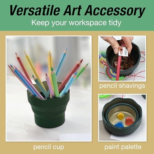 Faber-Castell Clic & Go Artist Water Cup, Dark Green - Travel-Friendly Collapsible Brush Cleaner Tool with Brush Stand, Scalloped Rim, Non-Slip Base, Portable Palette & Rinser B007TYWDQE