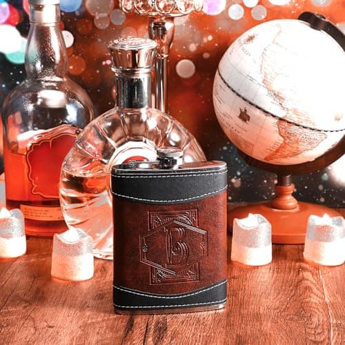 Hip Flask with Funnel, Groomsmen Wedding Birthday Gift Occasions, Custom Whiskey Alcohol Bottle for Dad Grandpa Liquor Baderke Leather 8 oz Flask for Men Groomsmen Gift, Black, Brown, Letter B B0CTTMJWGT